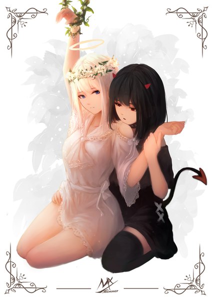 Anime picture 1364x1928 with original shimmer long hair tall image fringe short hair breasts blue eyes black hair red eyes sitting bare shoulders multiple girls signed looking away full body white hair tail blunt bangs parted lips