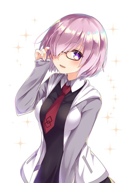 Anime picture 862x1200 with fate (series) fate/grand order mash kyrielight emilion single tall image looking at viewer blush fringe short hair breasts open mouth simple background smile large breasts standing white background purple eyes pink hair upper body