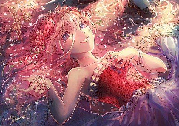 Anime picture 1169x827 with original mika pikazo single long hair fringe open mouth smile purple eyes bare shoulders pink hair lying hair flower tears clenched teeth girl dress hair ornament flower (flowers) petals water