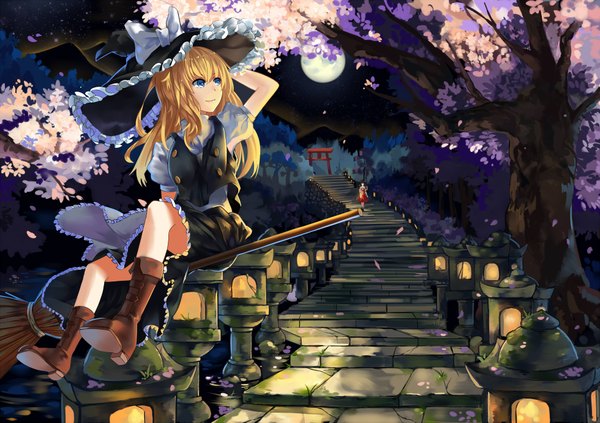 Anime picture 1960x1385 with touhou hakurei reimu kirisame marisa long hair fringe highres blue eyes blonde hair smile brown hair sitting multiple girls sky traditional clothes night maid cherry blossoms glowing happy looking up