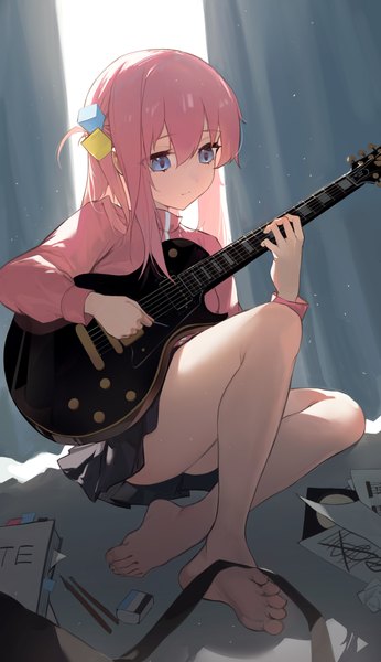 Anime picture 3091x5361 with bocchi the rock! cloverworks gotou hitori shenqi de (9) single long hair tall image fringe highres blue eyes light erotic hair between eyes pink hair absurdres full body indoors barefoot bare legs one side up playing instrument
