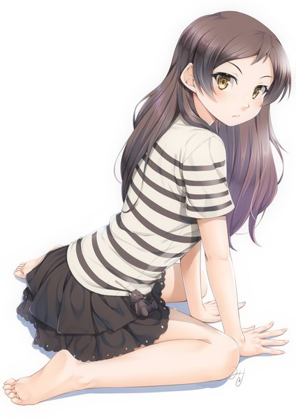 Anime picture 827x1169 with idolmaster idolmaster million live! kitazawa shiho miri (ago550421) single long hair tall image looking at viewer blush simple background brown hair white background sitting brown eyes full body bent knee (knees) barefoot arm support leaning leaning forward
