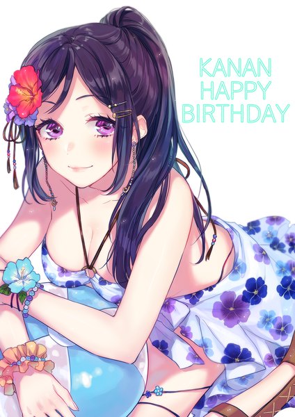 Anime picture 1273x1800 with love live! sunshine!! sunrise (studio) love live! matsuura kanan sudach koppe single long hair tall image looking at viewer blush breasts light erotic simple background large breasts white background sitting purple eyes cleavage purple hair ponytail