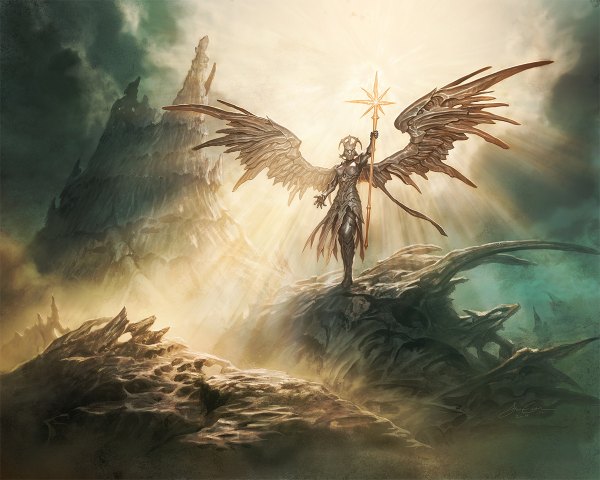 Anime picture 1200x960 with original jason chan single mountain angel boy wings armor staff