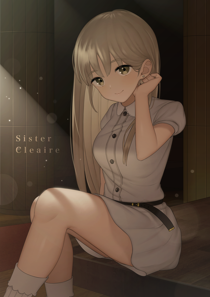 Anime picture 3541x5016 with virtual youtuber nijisanji sister cleaire yoshihiro (yoshihiro12190) single long hair tall image looking at viewer blush fringe highres breasts blonde hair smile hair between eyes sitting yellow eyes absurdres bent knee (knees) indoors