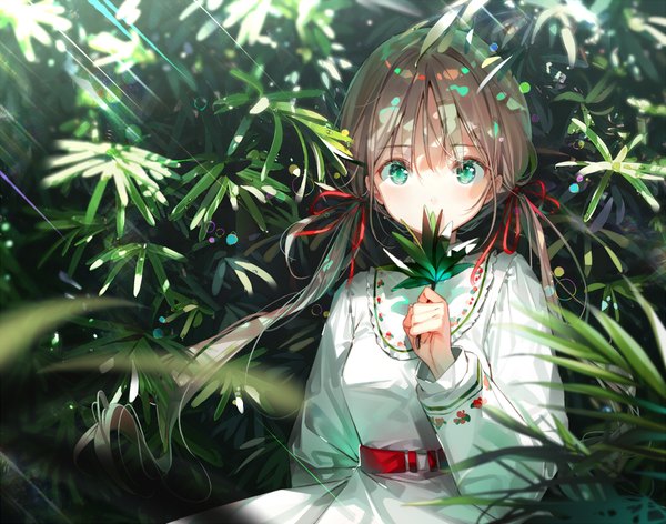 Anime picture 1000x788 with original dsmile single long hair looking at viewer blush fringe hair between eyes brown hair standing twintails green eyes upper body outdoors long sleeves low twintails covered mouth girl dress ribbon (ribbons)