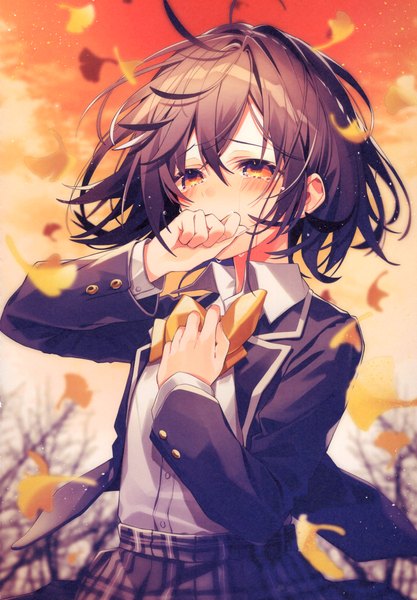 Anime picture 3208x4619 with original oshio (dayo) single tall image blush fringe highres short hair hair between eyes brown hair standing yellow eyes looking away absurdres sky cloud (clouds) ahoge outdoors wind scan