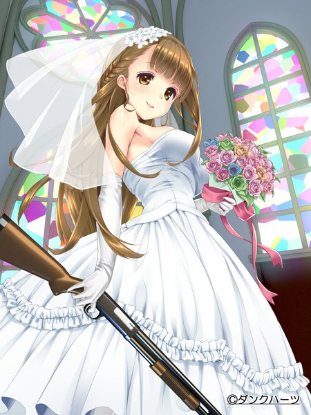 Anime picture 720x960 with original uz3d single long hair tall image looking at viewer blush fringe smile brown hair standing bare shoulders brown eyes indoors braid (braids) hair flower from below sleeveless wedding girl