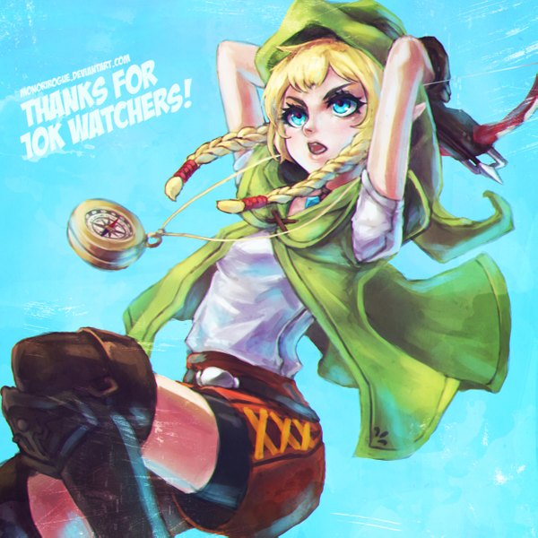 Anime picture 2477x2477 with the legend of zelda hyrule warriors linkle monori rogue single long hair fringe highres open mouth blue eyes simple background blonde hair inscription blue background arms behind head thank you milestone celebration girl boots hood