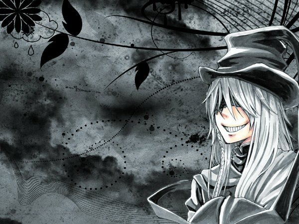 Anime picture 1024x768 with kuroshitsuji a-1 pictures undertaker single long hair smile white hair boy hat top hat