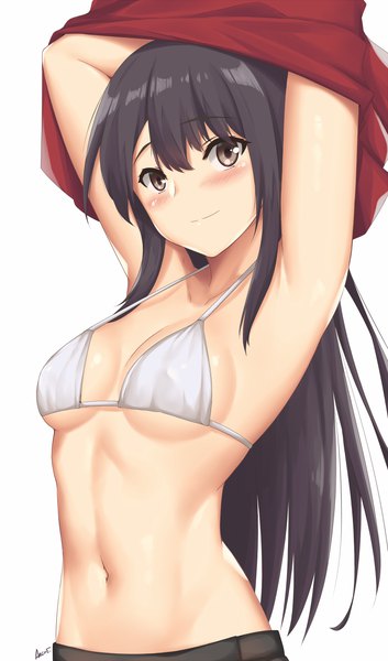 Anime picture 737x1250 with senryuu shoujo yukishiro nanako arciealbano single long hair tall image looking at viewer blush fringe breasts light erotic black hair simple background hair between eyes standing white background brown eyes signed payot head tilt