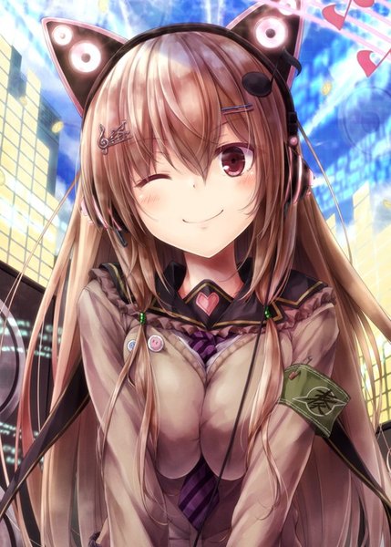Anime picture 573x800 with original axent wear headphones suien single tall image looking at viewer blush fringe light erotic smile hair between eyes brown hair brown eyes animal ears upper body head tilt one eye closed wink cat ears striped