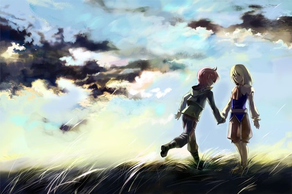 Anime picture 1644x1096 with tales of graces asbel lhant richard (tales) long hair short hair blonde hair brown hair yellow eyes sky cloud (clouds) multiple boys holding hands boy plant (plants) 2 boys grass