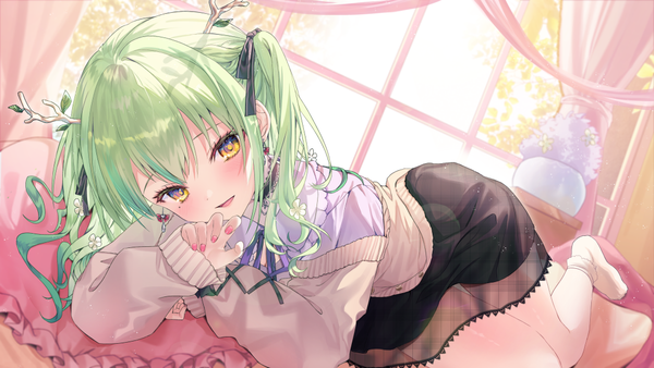 Anime picture 1080x608 with virtual youtuber hololive hololive english ceres fauna ceres fauna (jirai kei) dabi (dabibubi) single long hair looking at viewer blush fringe hair between eyes wide image yellow eyes long sleeves nail polish horn (horns) green hair off shoulder two side up