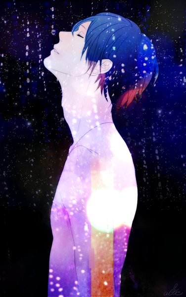 Anime picture 753x1200 with original avi (artist) single tall image short hair open mouth simple background standing bare shoulders blue hair eyes closed light smile bare belly light dark background boy