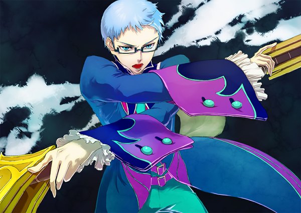 Anime picture 1120x792 with tales of (series) tales of graces hubert ozwell joka (night gate) short hair blue eyes simple background blue hair black background boy weapon glasses