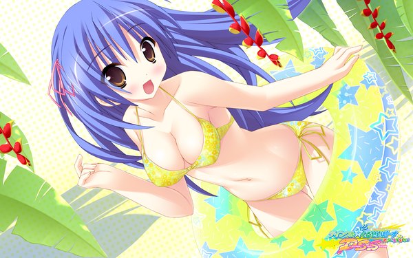 Anime picture 1920x1200 with twinkle crusaders kujou ria kannagi rei single long hair blush highres breasts open mouth light erotic wide image brown eyes blue hair star print girl navel swimsuit bikini star (symbol) swim ring