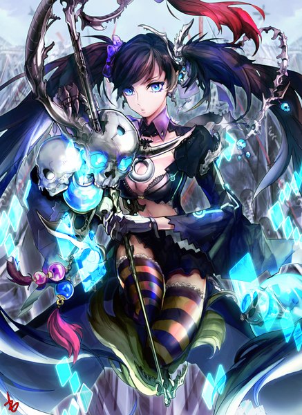 Anime picture 1400x1920 with original zis (artist) single long hair tall image fringe breasts blue eyes light erotic twintails holding purple hair midriff glowing glow weightlessness girl thighhighs gloves navel