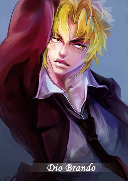 Anime picture 2480x3508 with jojo no kimyou na bouken dio brando oreki genya single tall image highres short hair simple background blonde hair yellow eyes looking away lips character names arm behind head blue background open collar boy necktie