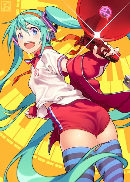 イラスト 786x1100 と ボーカロイド 初音ミク はんじゅくいぬ ソロ 長身像 赤面 前髪 開いた口 立つ ツインテール holding very long hair ピンク目 looking back aqua eyes aqua hair open jacket teeth 絶対領域 outstretched arm