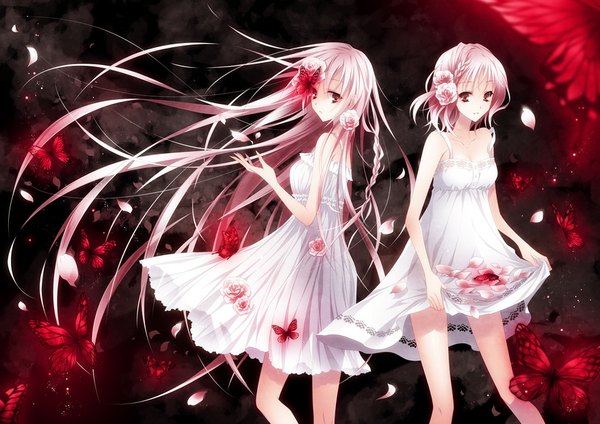 Anime picture 877x620 with original drugstore04 looking at viewer fringe short hair breasts smile red eyes standing multiple girls pink hair bent knee (knees) braid (braids) wind sleeveless single braid girl dress hair ornament flower (flowers)