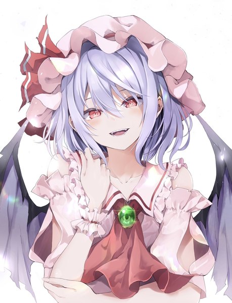 Anime picture 1566x2048 with touhou remilia scarlet hyurasan single tall image looking at viewer blush fringe short hair open mouth simple background smile hair between eyes red eyes white background purple hair upper body head tilt :d arm up