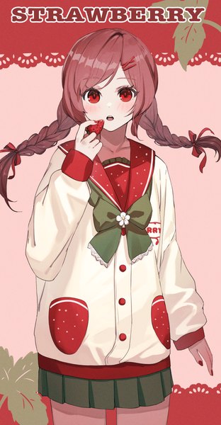 Anime picture 1899x3654 with original dolce (dolsuke) single long hair tall image looking at viewer blush fringe highres open mouth red eyes brown hair standing holding braid (braids) long sleeves nail polish pleated skirt inscription twin braids