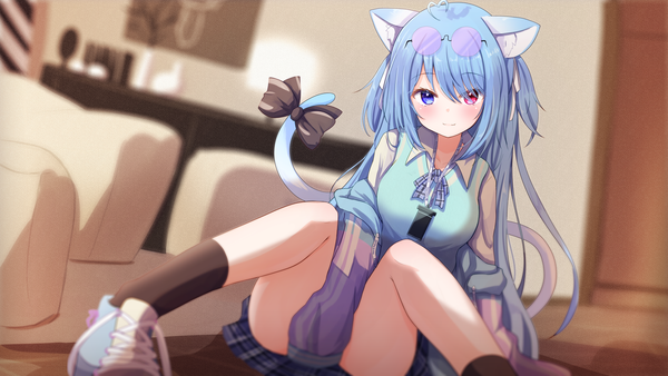 Anime picture 1920x1080 with vrchat baram single long hair looking at viewer blush fringe highres blue eyes light erotic red eyes wide image sitting animal ears blue hair indoors tail long sleeves animal tail blurry