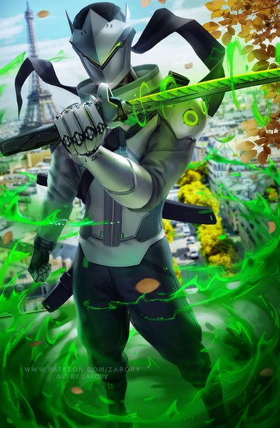 Anime picture 786x1200 with overwatch blizzard entertainment genji (overwatch) zarory single tall image standing holding outdoors arm up city watermark cityscape boy weapon sword armor leaf (leaves) branch helmet