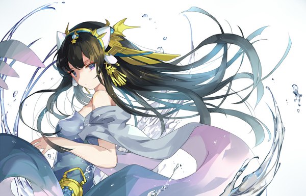 Anime picture 1166x750 with puzzle & dragons isis (p&d) hillly (maiwetea) single long hair looking at viewer fringe black hair simple background white background purple eyes bare shoulders wind girl dress hair ornament bubble (bubbles)