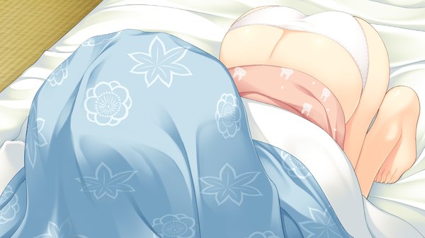 Anime picture 1280x720 with sora tobu hitsuji to manatsu no hana kirisame yuu hazumi rio single blush light erotic wide image sitting game cg ass barefoot girl underwear panties shirt bed pajamas