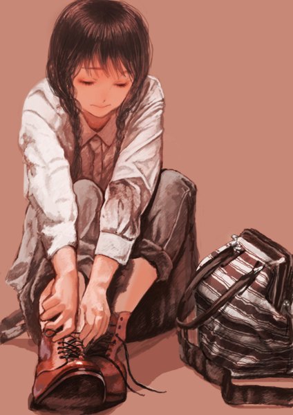 Anime picture 1240x1754 with original hyotan (artist) single long hair tall image simple background brown hair sitting eyes closed girl shirt pants bag