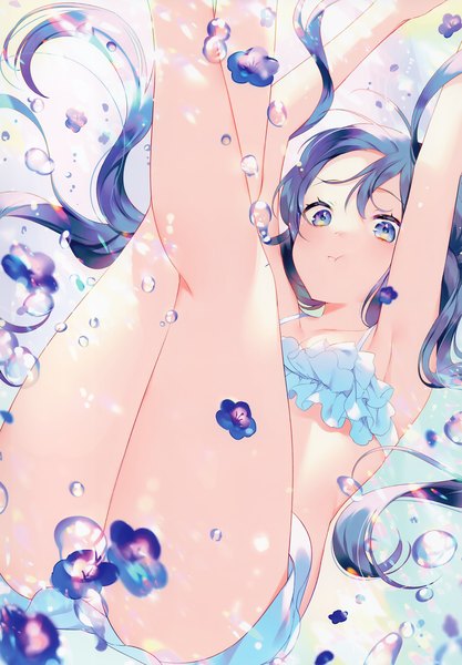 Anime picture 2789x4015 with original achiki single long hair tall image looking at viewer blush fringe highres blue eyes light erotic blue hair scan arms up underwater :t girl flower (flowers) swimsuit bikini
