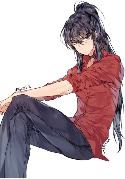 Anime picture 700x1000 with inuyasha inuyasha (character) inuyasha (human form) sorolp single long hair tall image looking at viewer black hair simple background white background sitting signed payot ponytail long sleeves traditional clothes japanese clothes black eyes crossed legs