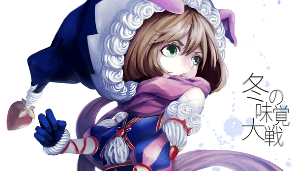 Anime picture 1221x709 with original minnncho single fringe short hair open mouth simple background brown hair wide image white background bare shoulders green eyes animal ears looking away long sleeves bunny ears puffy sleeves close-up girl gloves