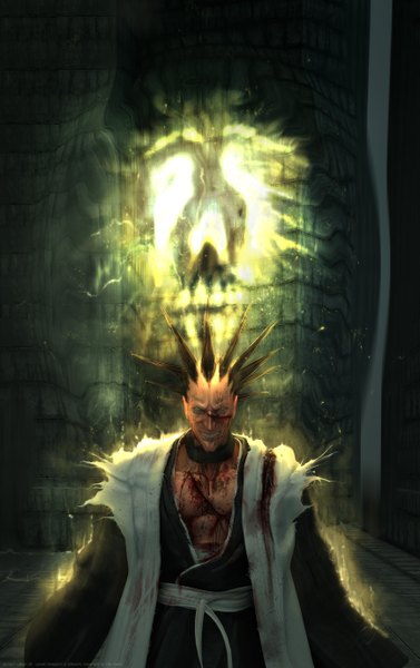 Anime picture 1730x2752 with bleach studio pierrot zaraki kenpachi wen-jr single tall image highres smile brown hair realistic grin torn clothes magic injury 3d deep wound boy blood collar