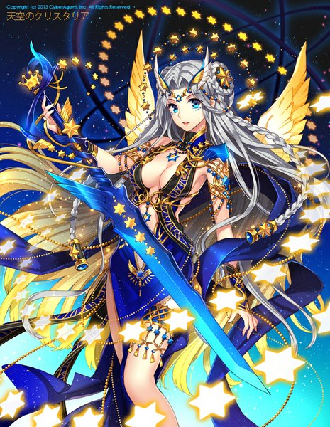 Anime picture 697x900 with original nardack single long hair tall image looking at viewer breasts open mouth blue eyes light erotic cleavage grey hair girl dress hair ornament weapon sword star (symbol) star (stars)