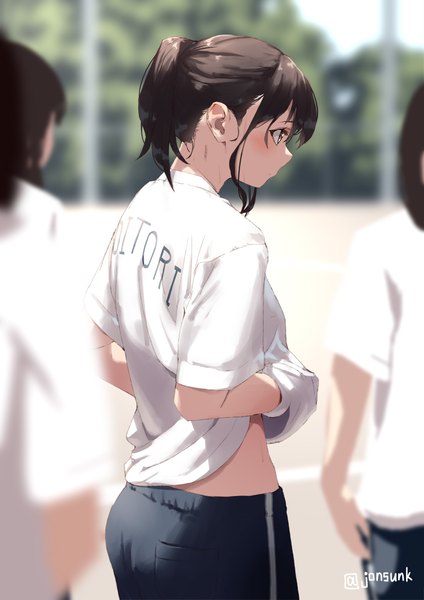Anime picture 800x1131 with original jonsun tall image blush fringe short hair brown hair standing brown eyes signed payot looking away outdoors profile blurry depth of field twitter username solo focus clothes writing girl