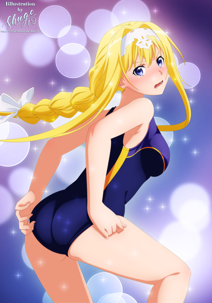 Anime picture 2450x3500 with sword art online sword art online: alicization a-1 pictures alice zuberg shugo19 single long hair tall image looking at viewer blush fringe highres breasts open mouth blue eyes light erotic simple background blonde hair hair between eyes standing