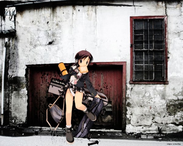 Anime picture 1280x1024 with tagme (copyright) tagme (artist) teepoo single looking at viewer short hair light erotic brown hair holding signed full body grey eyes mouth hold skirt lift third-party edit girl skirt underwear panties window