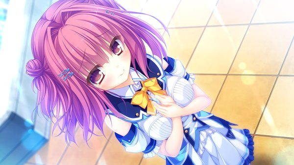 Anime picture 1920x1080 with kujiragami no tearstilla narumi marine mikagami mamizu single blush highres short hair smile wide image yellow eyes pink hair game cg girl dress uniform school uniform bowtie