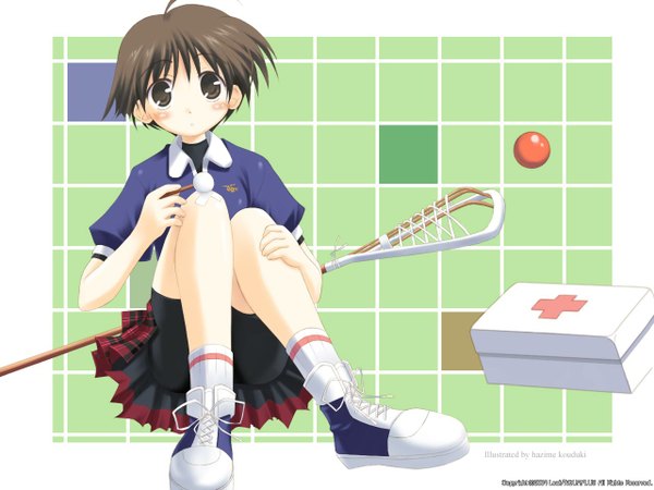 Anime picture 1280x960 with tenshi no inai 12-gatsu maho hazuki single looking at viewer blush short hair brown hair sitting brown eyes ahoge wallpaper plaid skirt girl skirt shoes ball bandaid sneakers leggings medicine chest