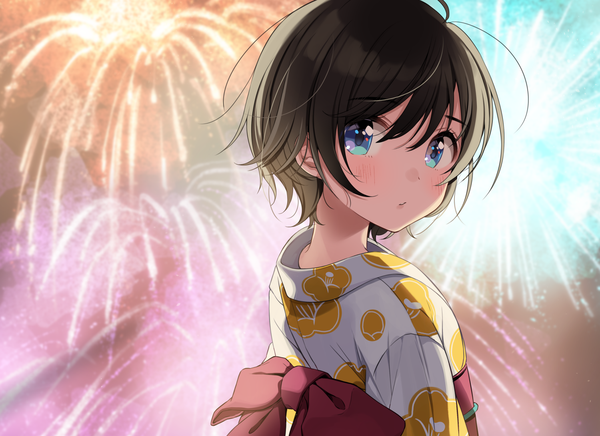 Anime picture 1500x1091 with original shigure ui single looking at viewer blush fringe short hair blue eyes black hair hair between eyes upper body ahoge traditional clothes japanese clothes looking back fireworks girl obi yukata