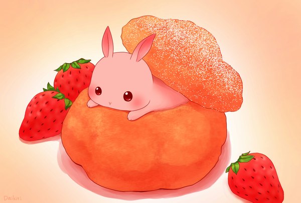 Anime picture 1049x709 with original daikichi (pixiv13506351) blush simple background lying no people cute orange background animal food berry (berries) bunny strawberry doughnut