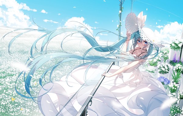Anime picture 2200x1403 with vocaloid hatsune miku qys3 single looking at viewer blush fringe highres blue eyes smile hair between eyes twintails sky cloud (clouds) very long hair wind aqua hair adjusting hat girl dress