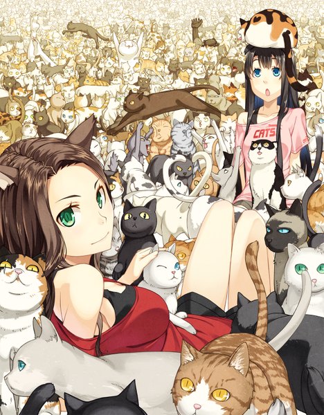 Anime picture 1250x1600 with original kimura (ykimu) long hair tall image looking at viewer open mouth blue eyes black hair brown hair bare shoulders multiple girls green eyes girl 2 girls animal shorts cat