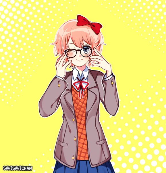 Anime picture 925x960 with doki doki literature club sayori (doki doki literature club) savi (byakushimc) single tall image looking at viewer blush fringe short hair blue eyes simple background smile standing long sleeves pleated skirt one eye closed orange hair open clothes arms up polka dot