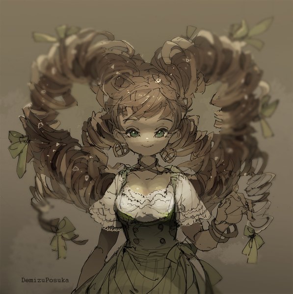 Anime picture 990x995 with original demizu posuka single long hair tall image looking at viewer fringe breasts simple background smile brown hair green eyes signed blurry grey background drill hair girl dress ribbon (ribbons) hair ribbon