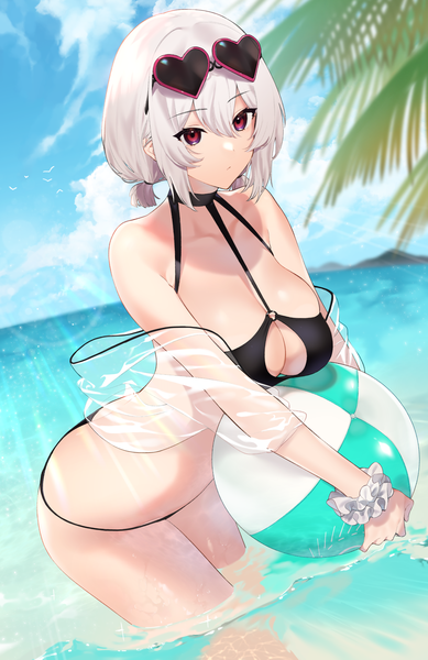 Anime picture 1622x2500 with azur lane sirius (azur lane) sirius (scorching-hot seirios) (azur lane) sino42 single tall image looking at viewer fringe short hair breasts light erotic hair between eyes red eyes large breasts standing twintails holding payot silver hair blurry