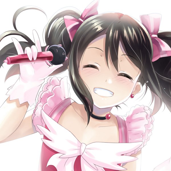 Anime picture 800x800 with love live! school idol project sunrise (studio) love live! yazawa nico hitsuji (hitsuji kikaku) single short hair black hair simple background smile twintails eyes closed short twintails happy ^ ^ mmm girl dress gloves underwear